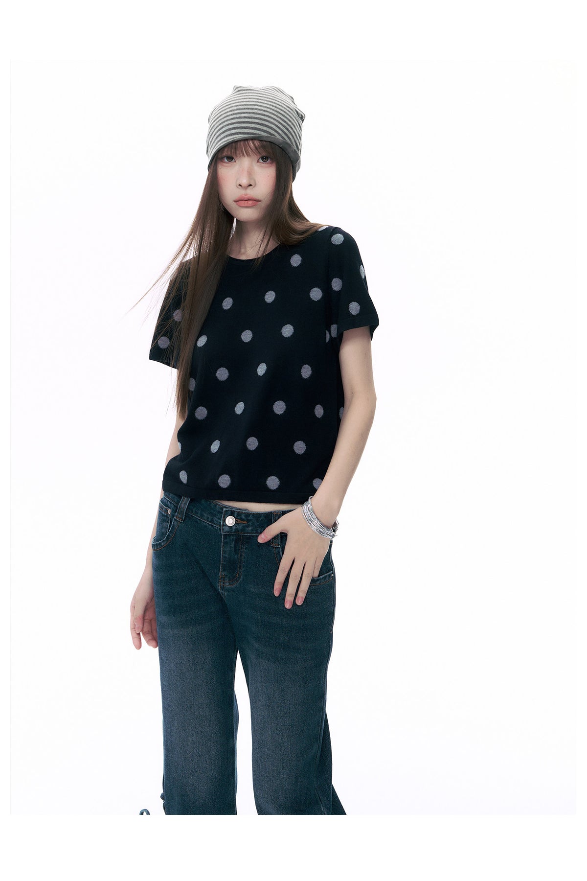 Polka Dot Wool-Blend Short Sleeve Knit Top