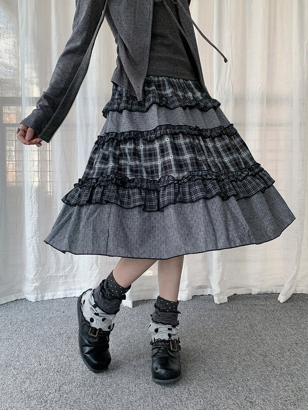 Plaid Ruffle Tiered Midi Skirt