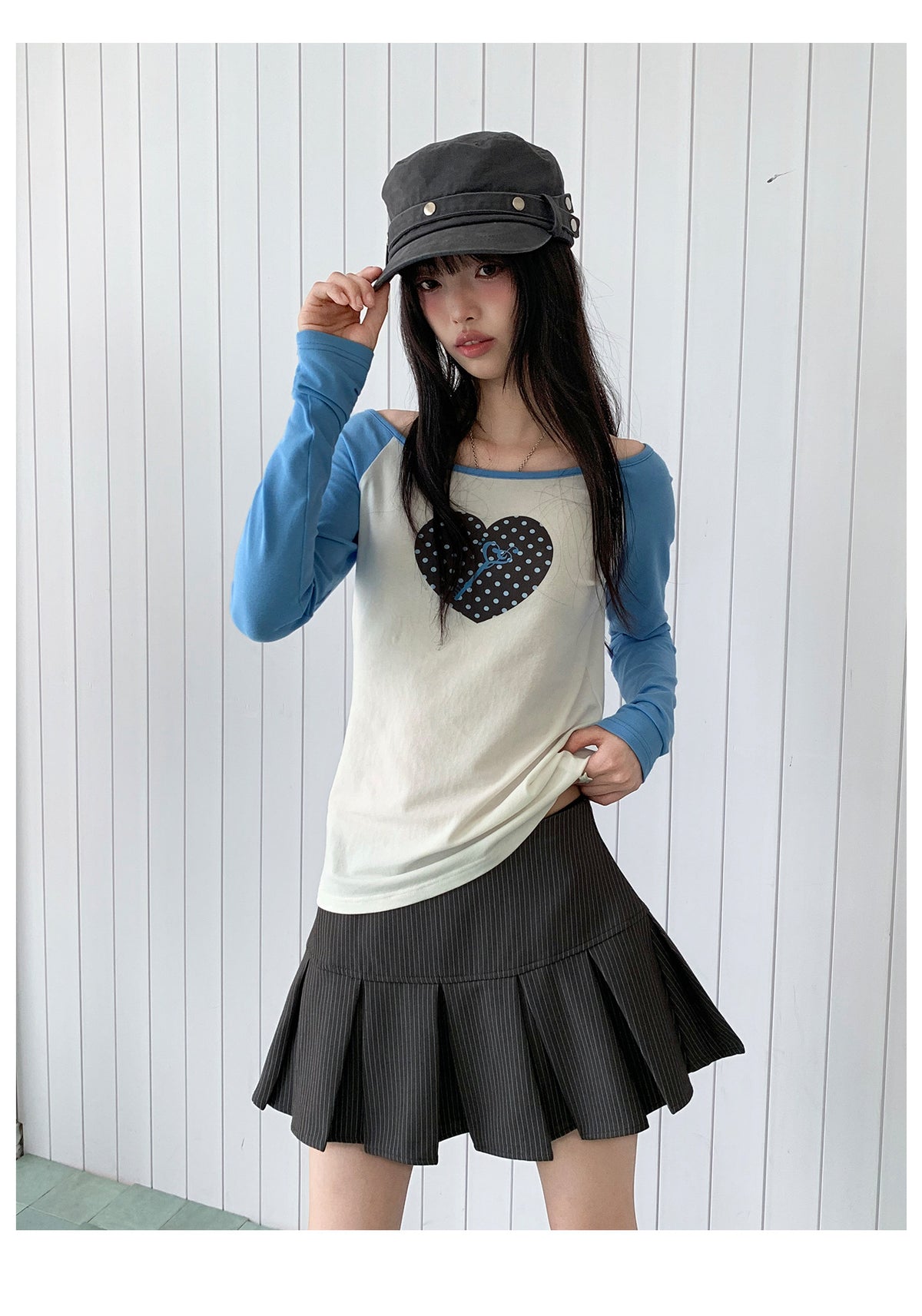 Polka Dot Heart Key Contrast Raglan Long Sleeve Tee