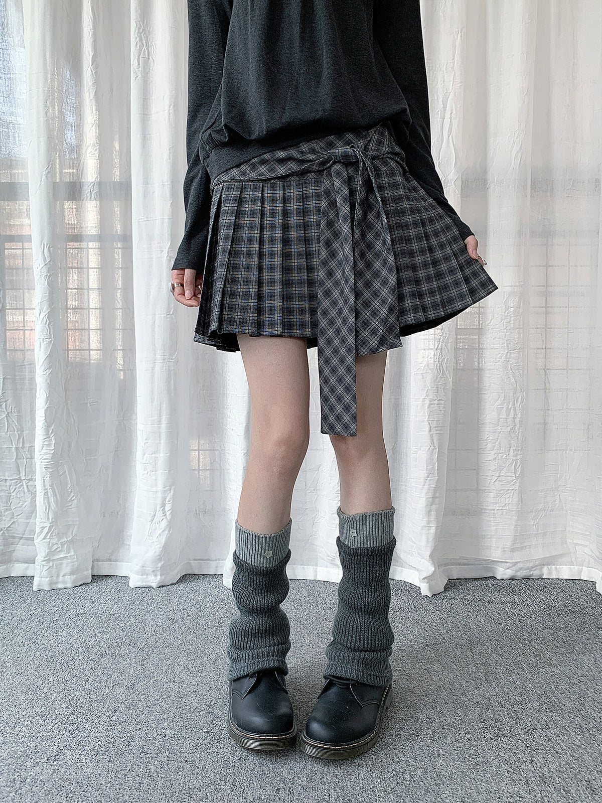 Wrap-Tie Plaid Pleated Mini Skirt