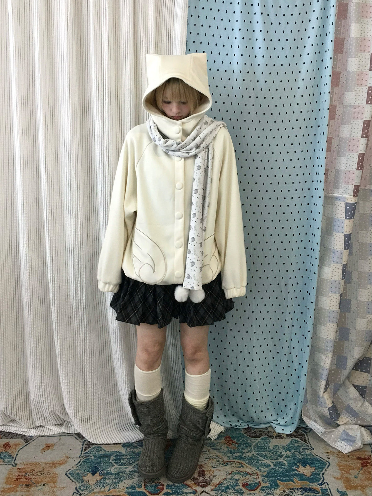 Dusty Blue & Ivory Fleece-Lined Cat Ear Wing Pocket Hooded Jacket
