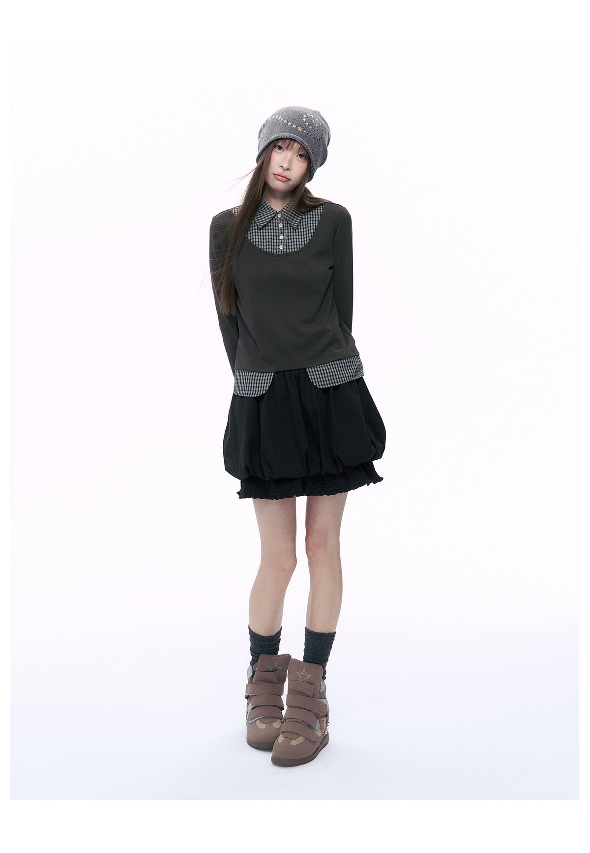 Plaid Collar Faux-Layer Long Sleeve Top