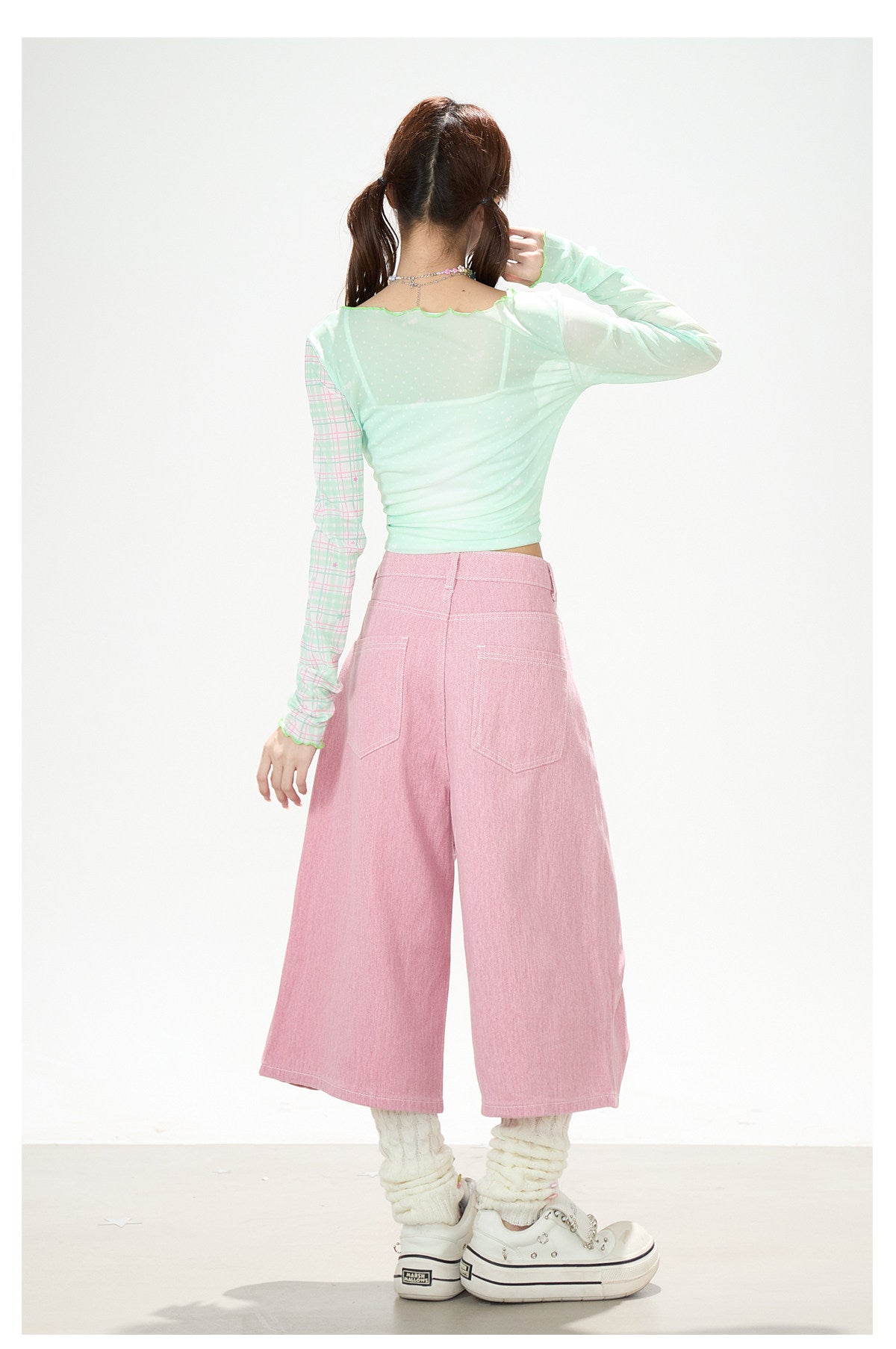 Apple Plaid Mesh Long Sleeve Top & Pink Polka Dot Wide Leg Pants