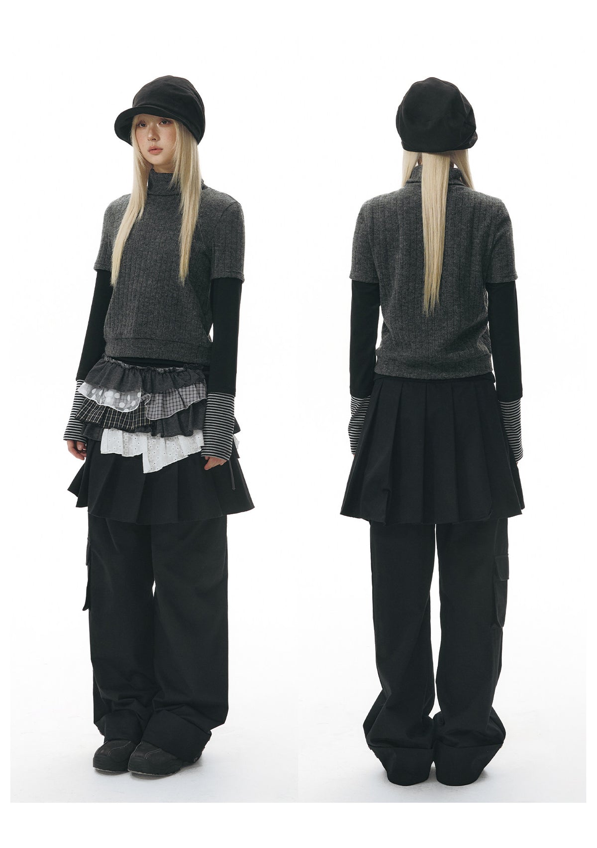 Pleated Skirt-Overlay Cargo Wide-Leg Pants