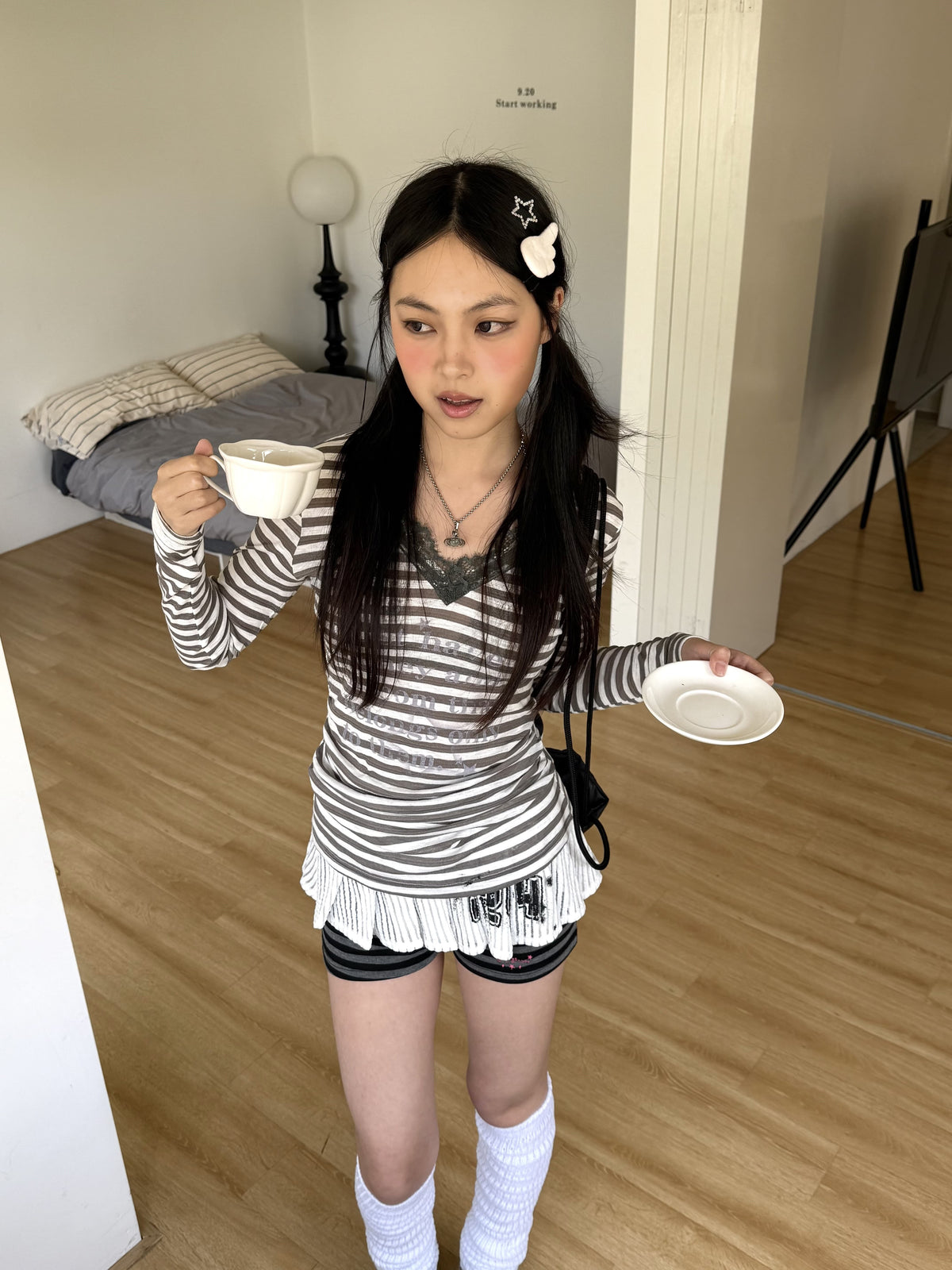 Gray Stripe Lace V-Neck Graphic Long Sleeve Tee