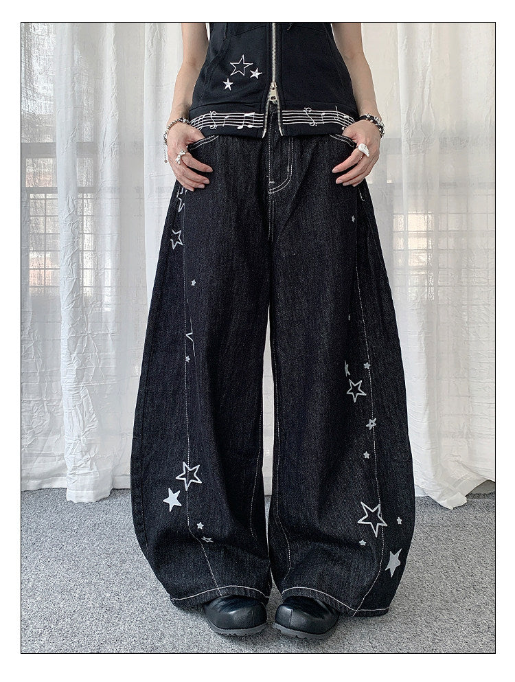 Star Embroidered Wide-Leg Jeans with Lace Overskirt