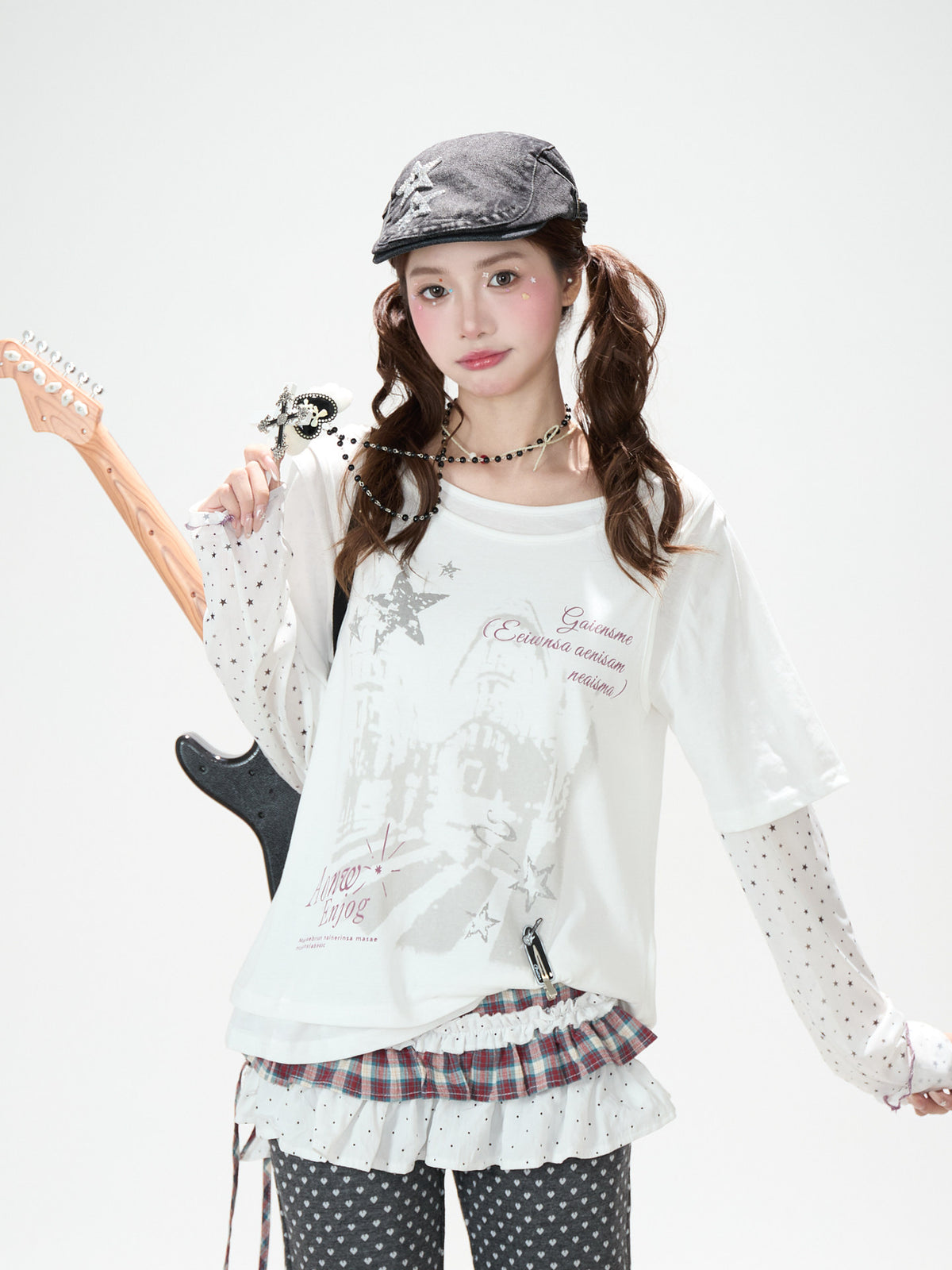 Faux Layered Star Mesh Graphic Long Sleeve Top & Black Star Pleated Mini Skirt