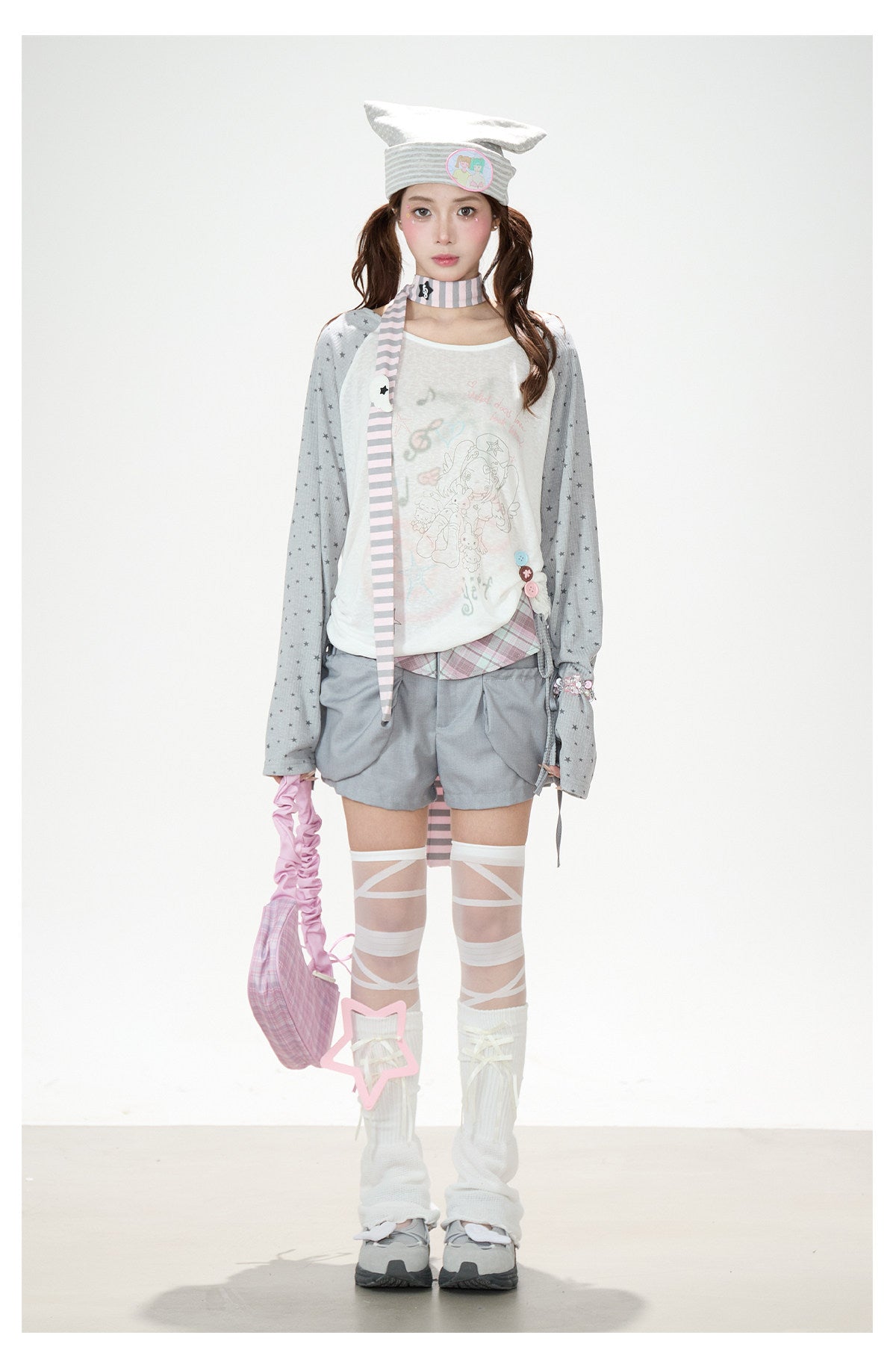 Dreamy Star Raglan Long Sleeve Top & Gray Striped Star Flare Pants