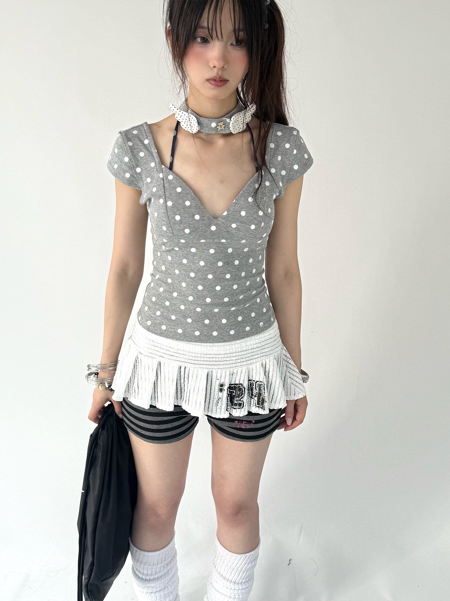 Mechanical Bear Polka Dot V-Neck Fitted Tee with Choker
