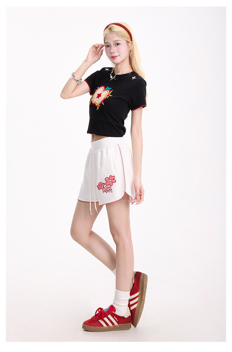 Embroidered Apple Contrast-Stitch Fitted Tee