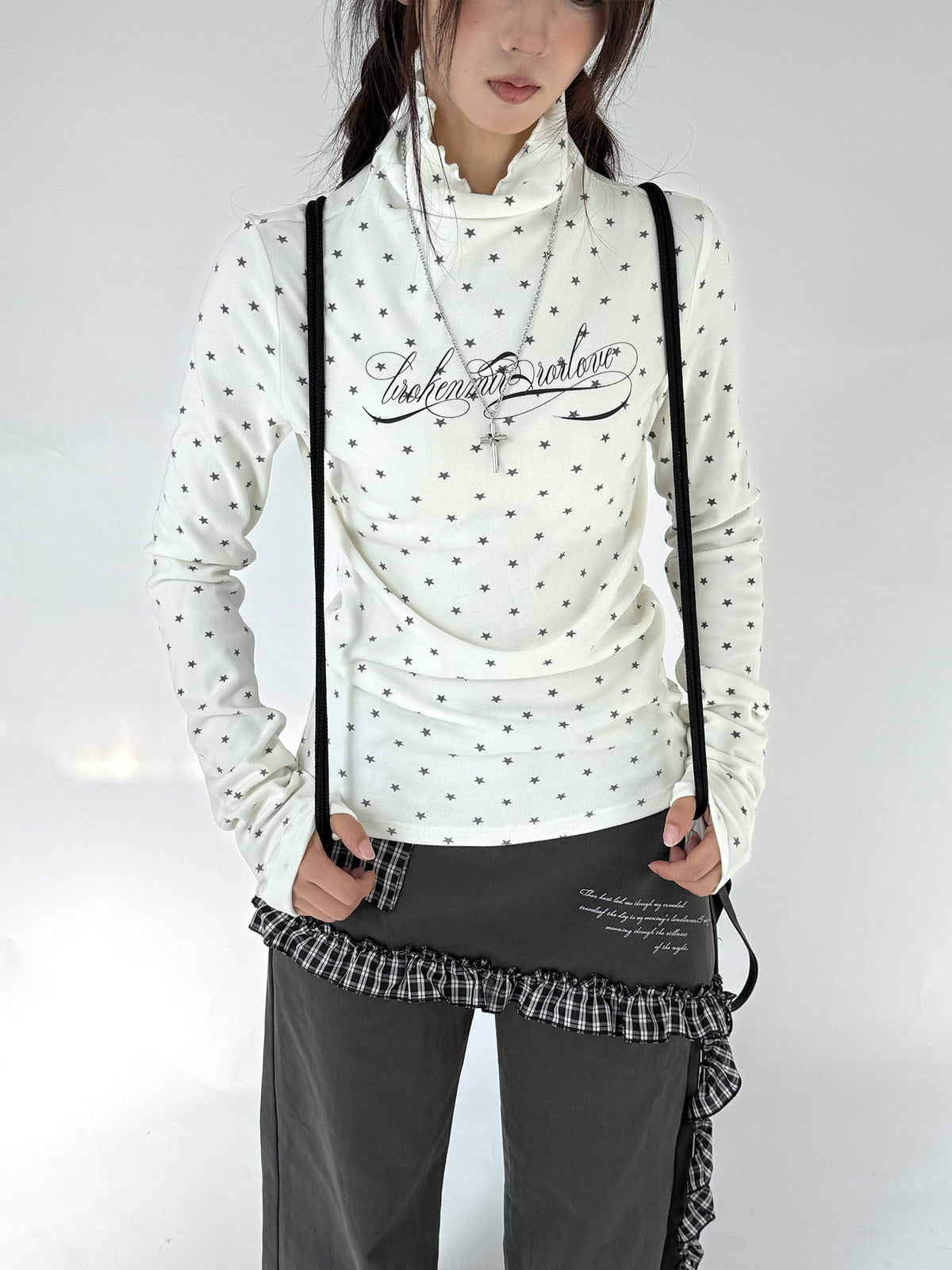 Star Print Mock Neck Thermal Long Sleeve Top