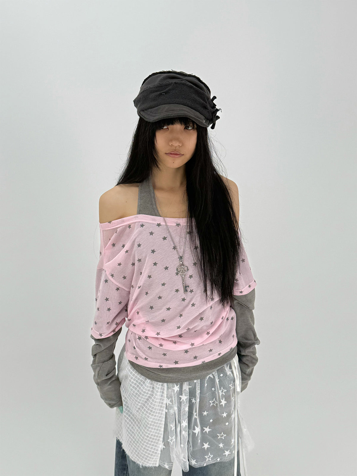 Star Print Faux-Layered Off-Shoulder Long Sleeve Top