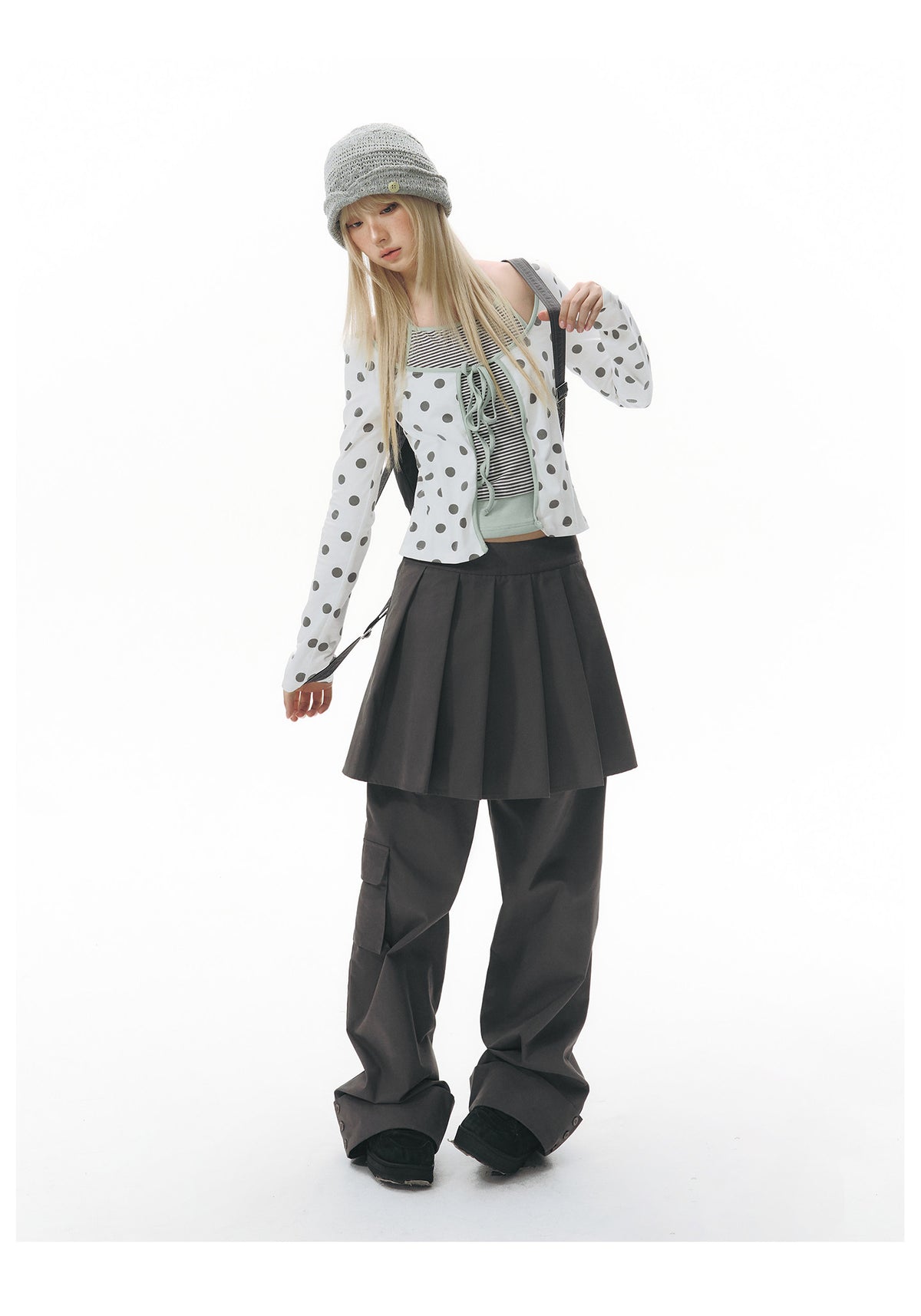 Polka Dot Tie-Front Layered Halter Long Sleeve Top