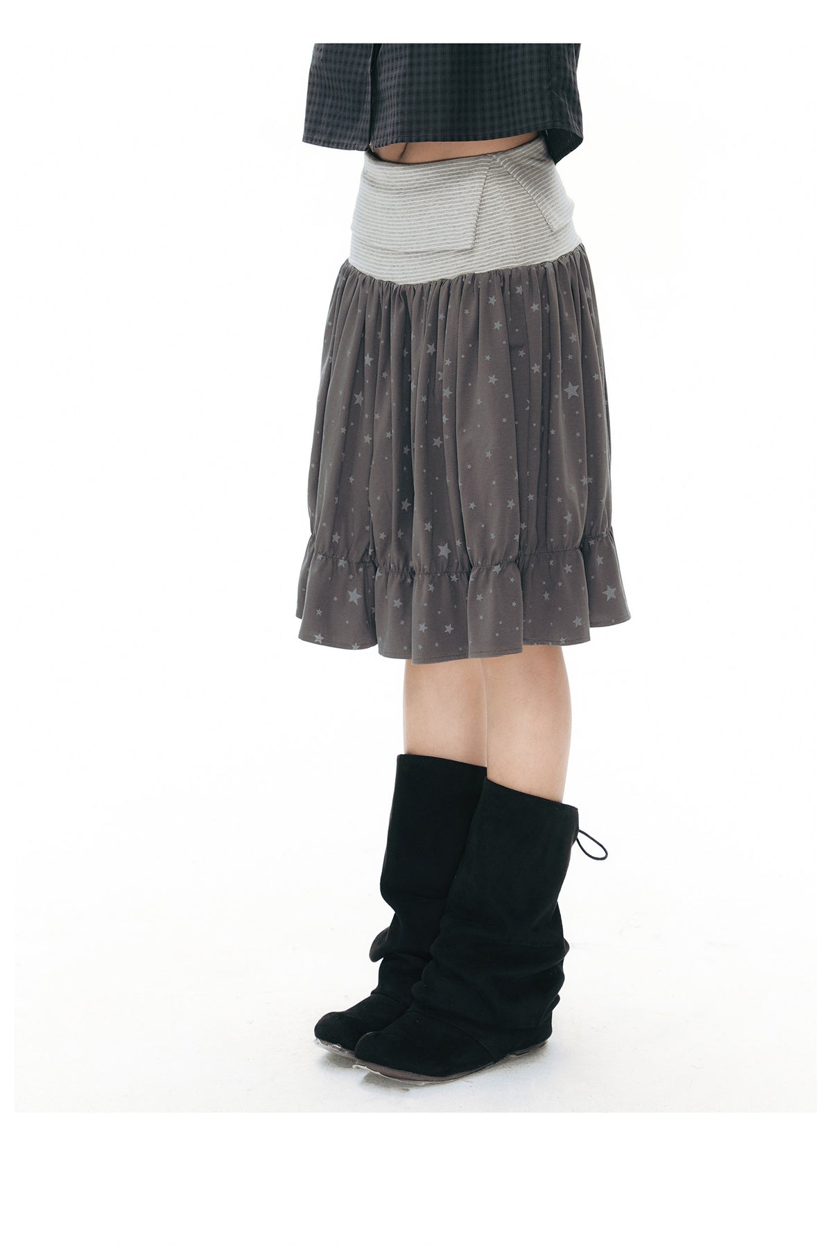Star Print Striped-Waist Ruffle Midi Skirt
