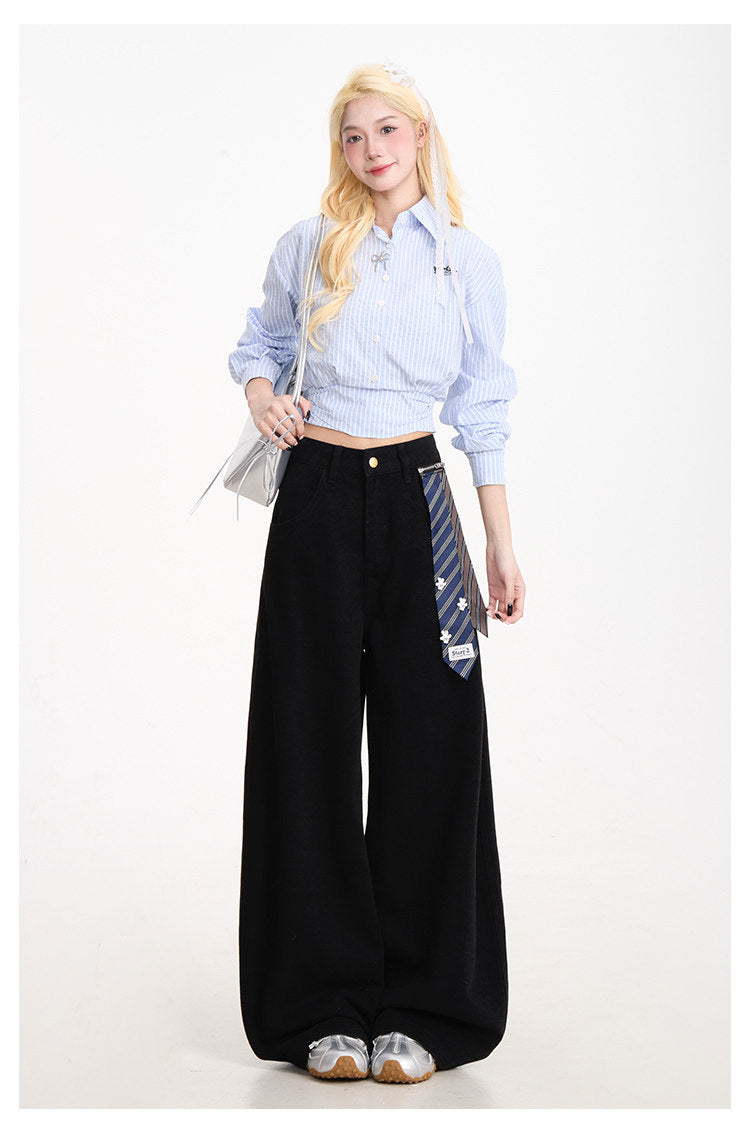 Curved-Leg Wide-Leg Pants with Detachable Tie