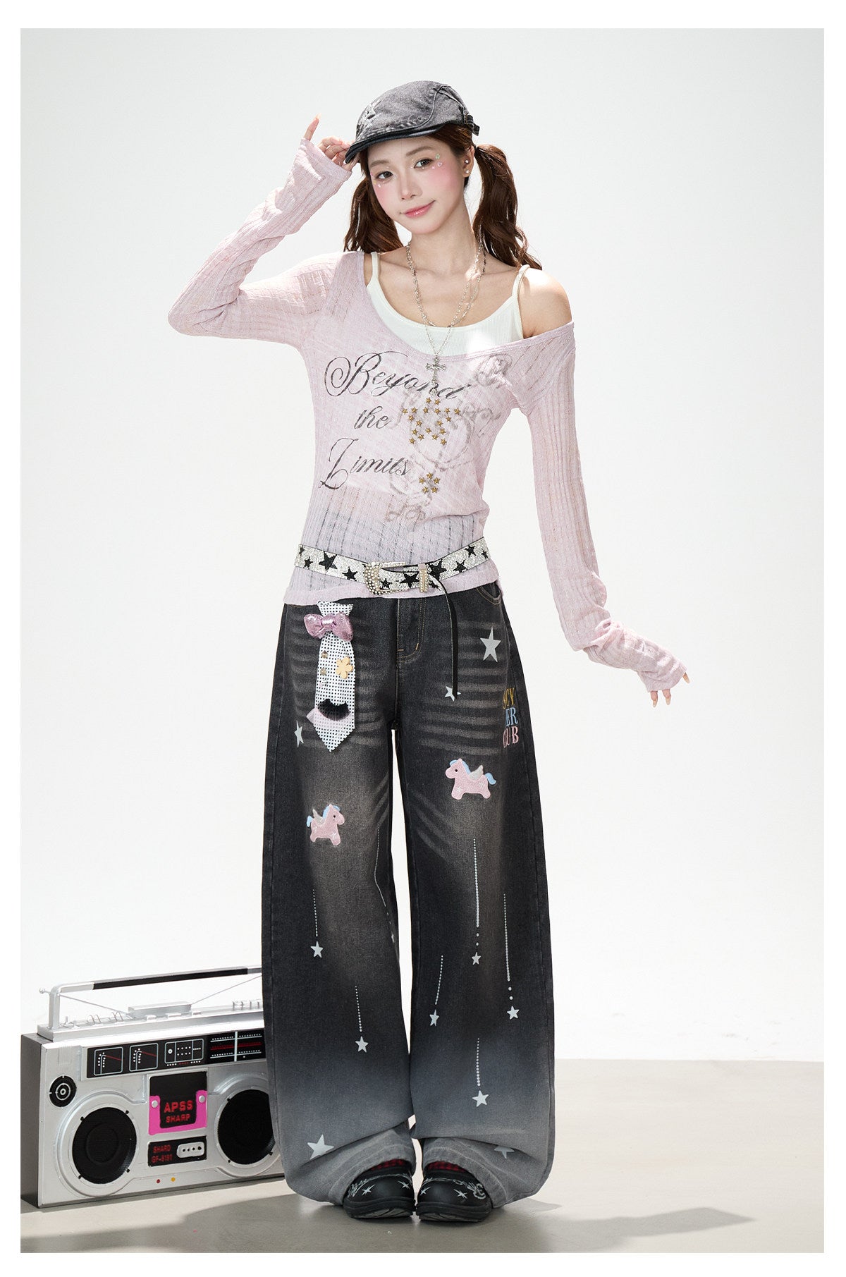 Beyond the Limits Sheer Grid Long Sleeve Top & Pony Star Wide-Leg Jeans