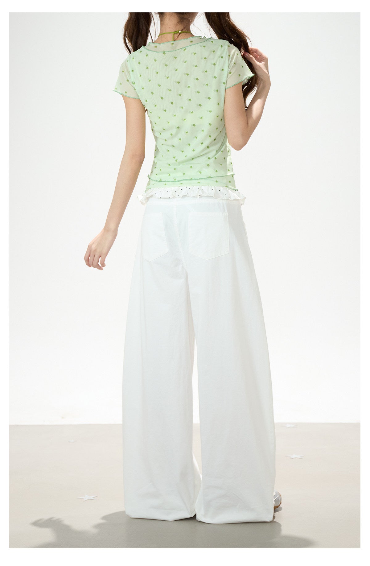 Star Mesh Baby Tee & White Wide-Leg Pants