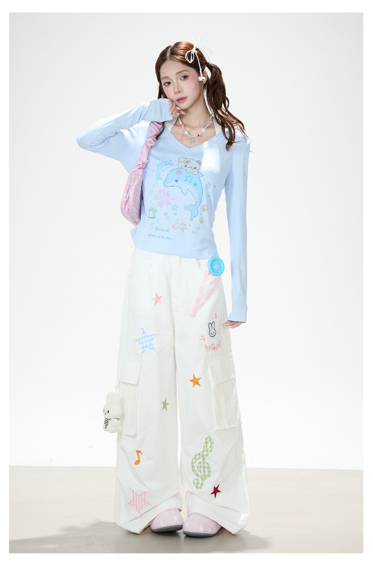 Dreamy Dolphin Polka-Dot V-Neck Long Sleeve Top & Gingham Ruffle Mini Skirt