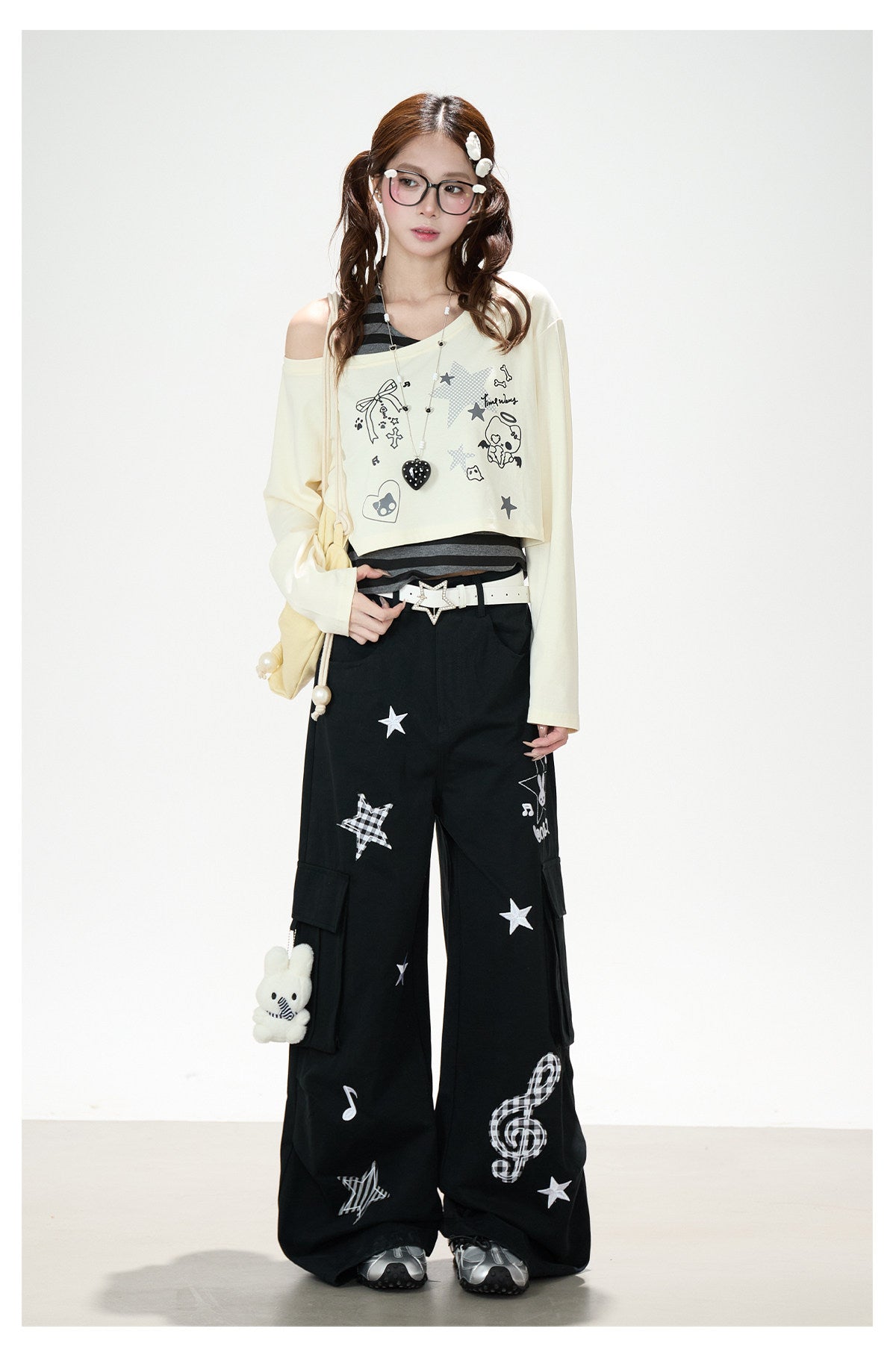 Cartoon Patch Embroidered Wide-Leg Cargo Pants