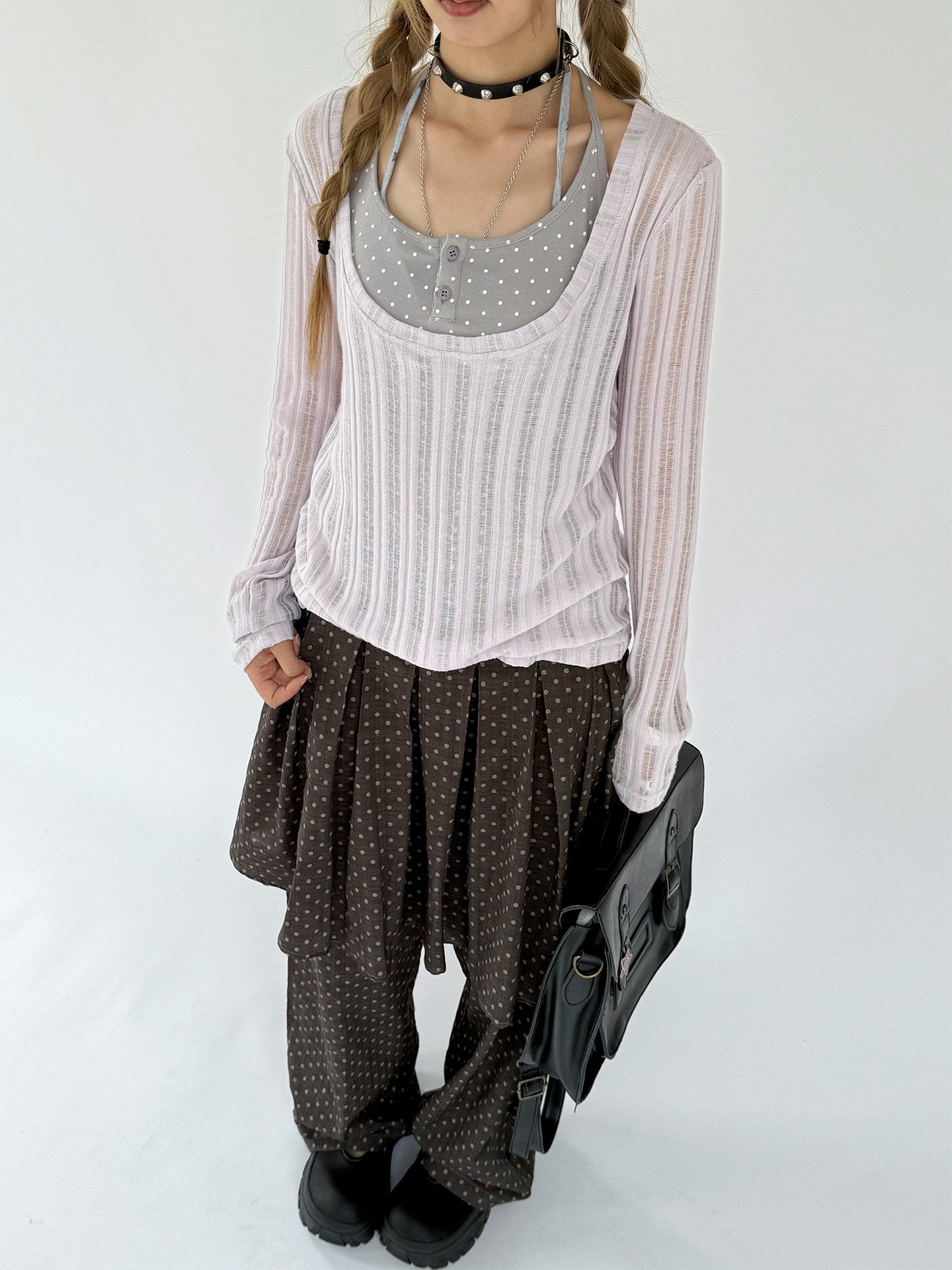 Wisteria Open-Knit Faux-Layer Long Sleeve Top