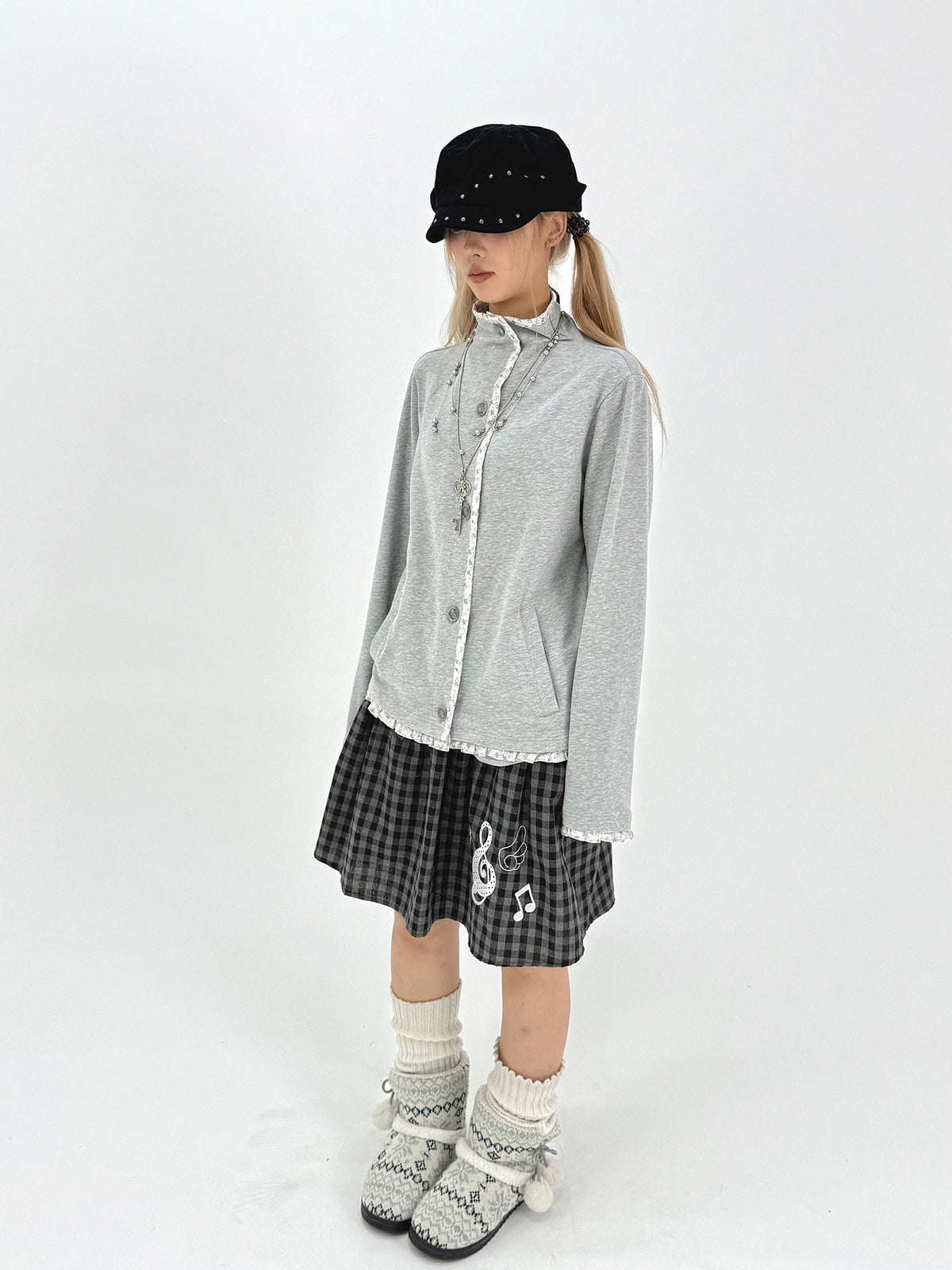 Floral-Trim Stand Collar Button Cardigan