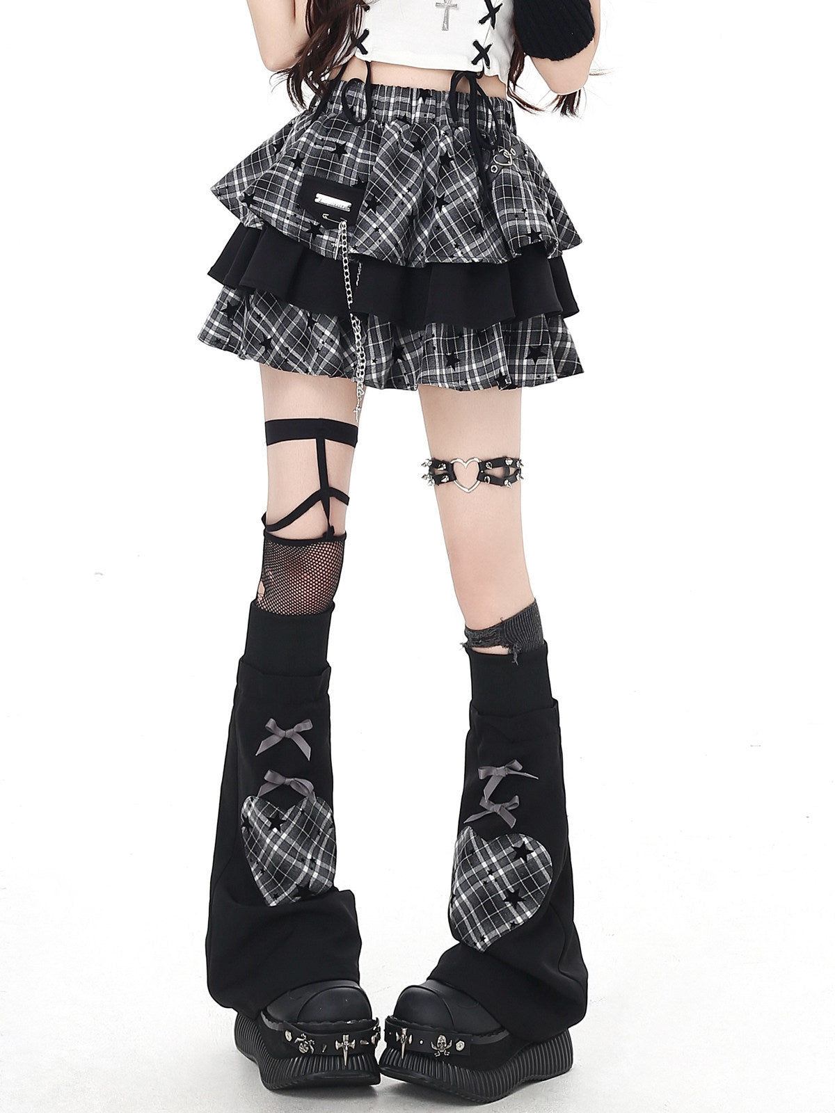 Distressed Plaid Tiered Skort with Matching Leg Warmers