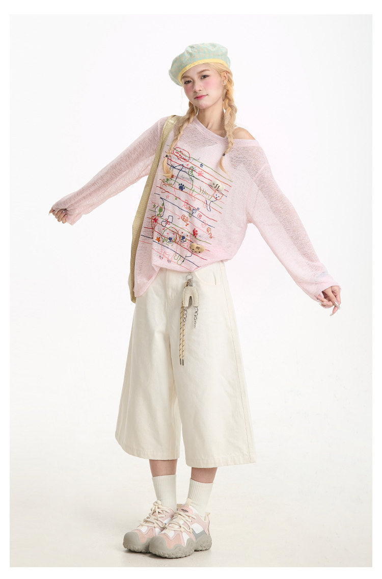 Cat & Puppy Sheer Graphic Long Sleeve Top