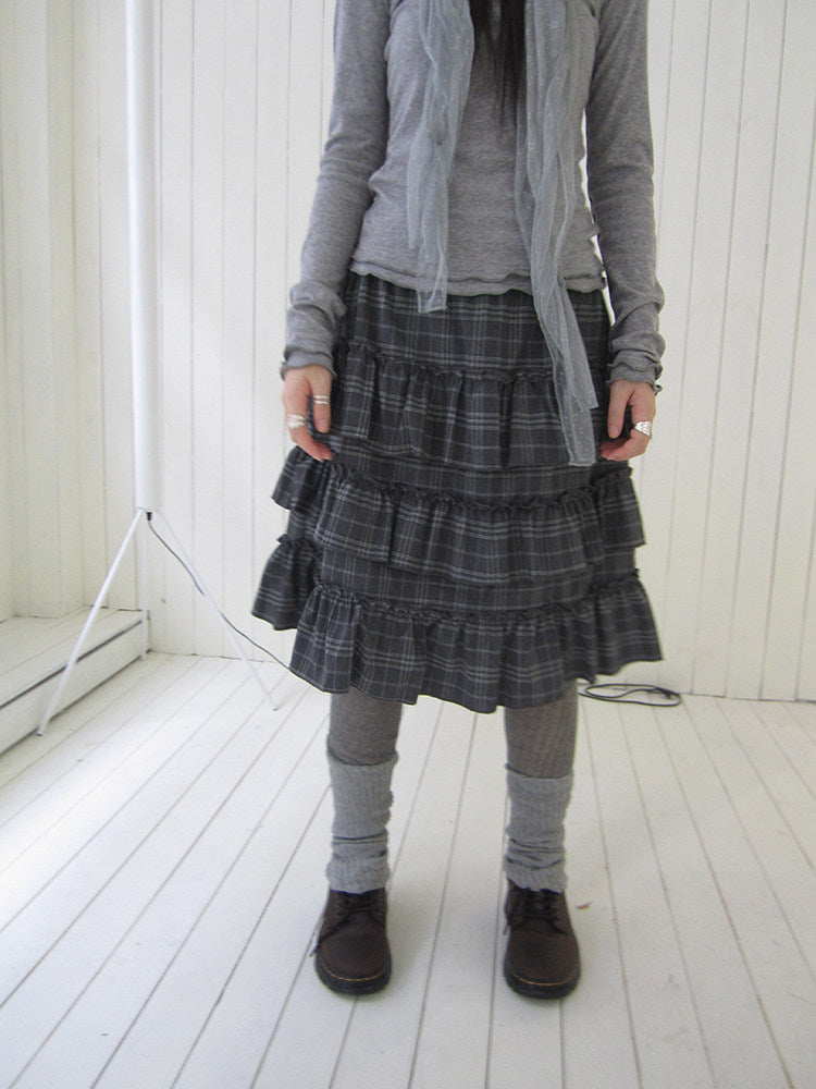 Vintage Gray Plaid Tiered Ruffle Skirt