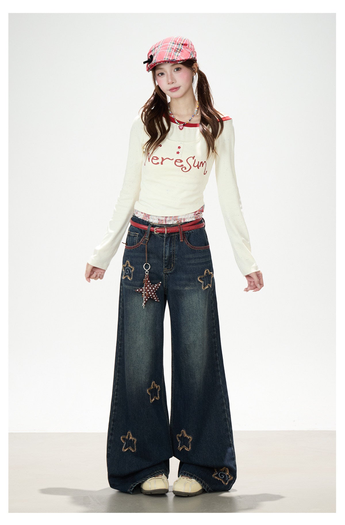 Letter Print Layered Long Sleeve Top & Star Patch Wide-Leg Jeans