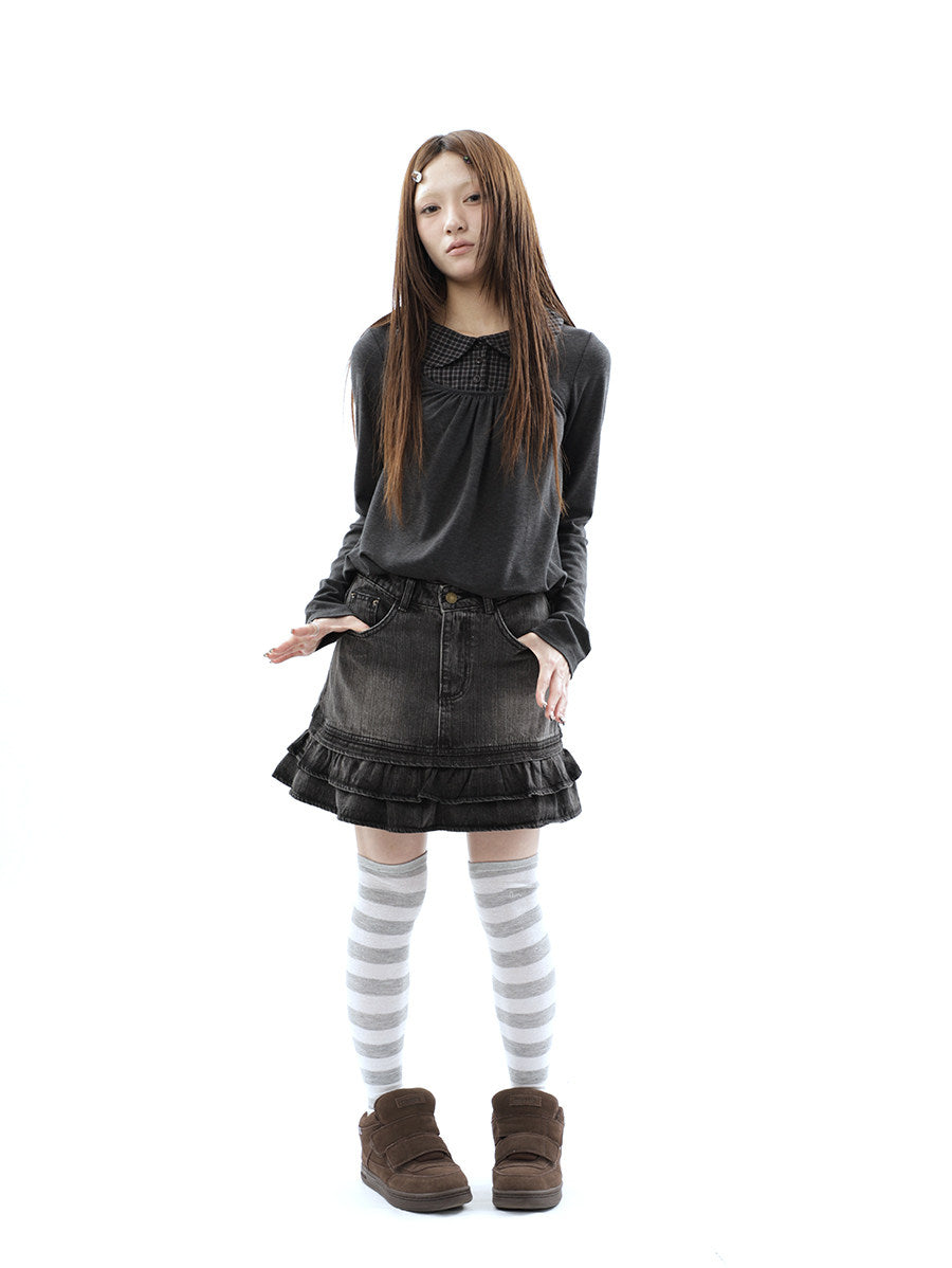 Washed Black Double-Ruffle Denim Mini Skirt