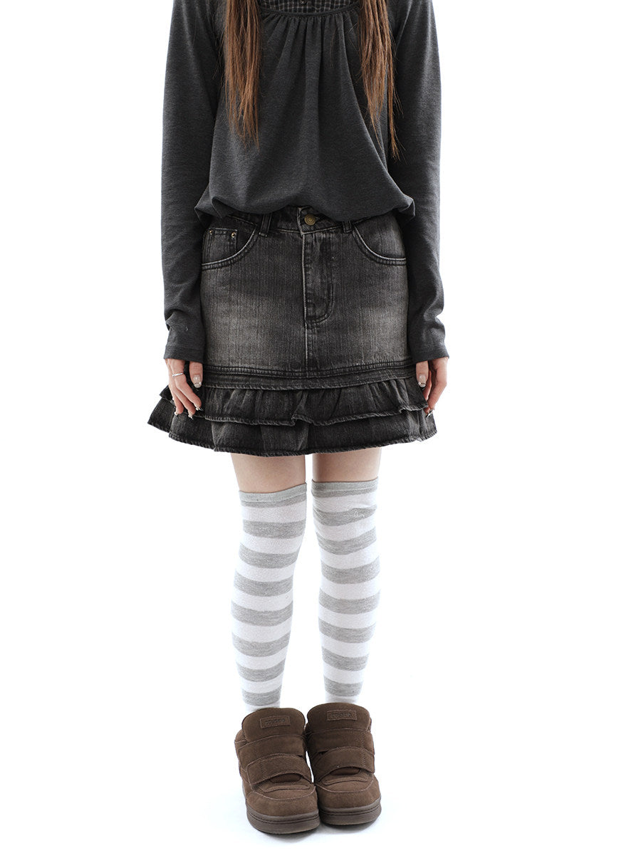 Washed Black Double-Ruffle Denim Mini Skirt