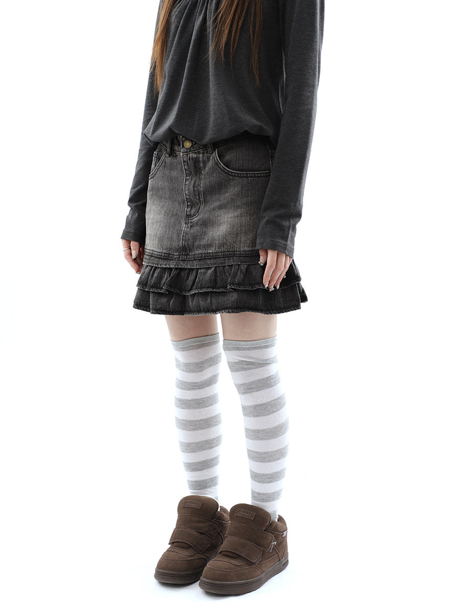 Washed Black Double-Ruffle Denim Mini Skirt