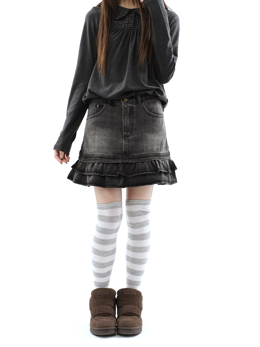Washed Black Double-Ruffle Denim Mini Skirt