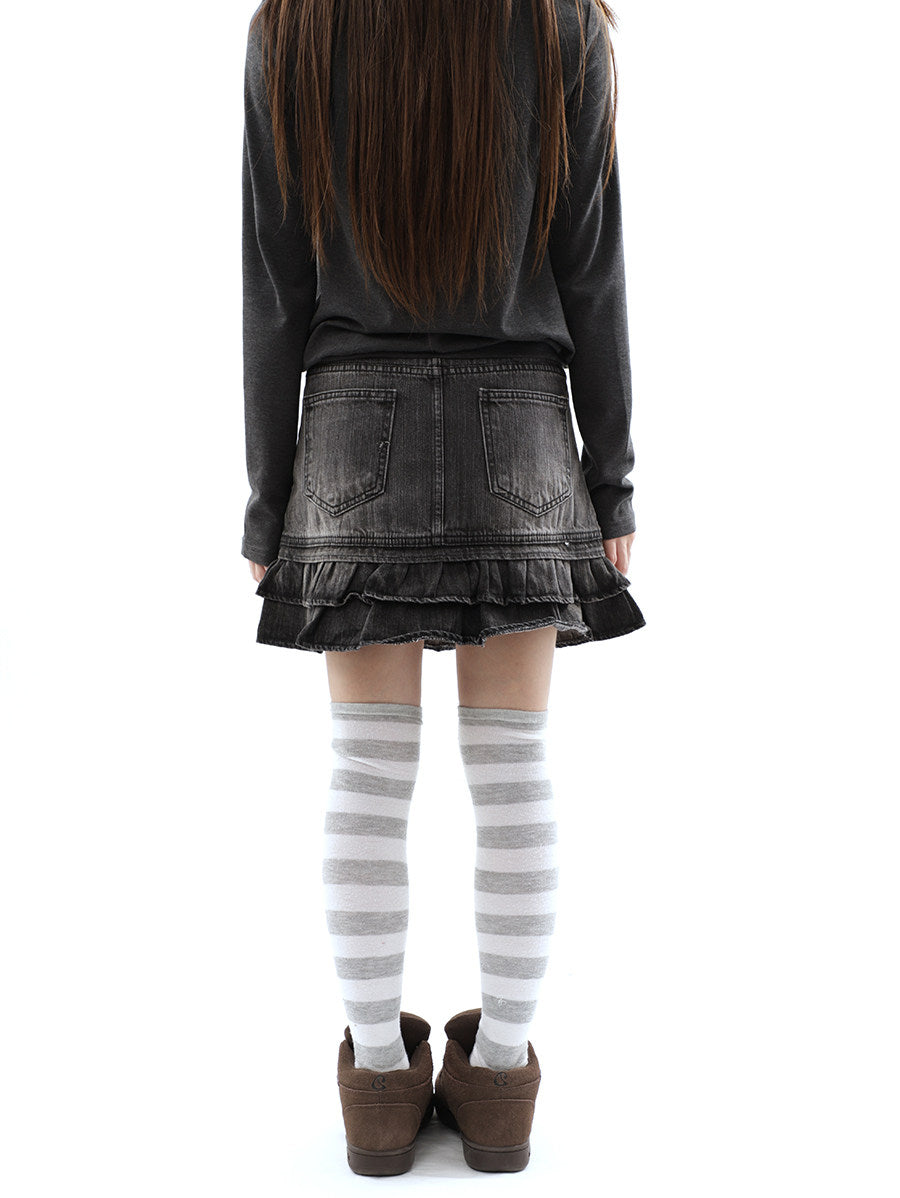 Washed Black Double-Ruffle Denim Mini Skirt