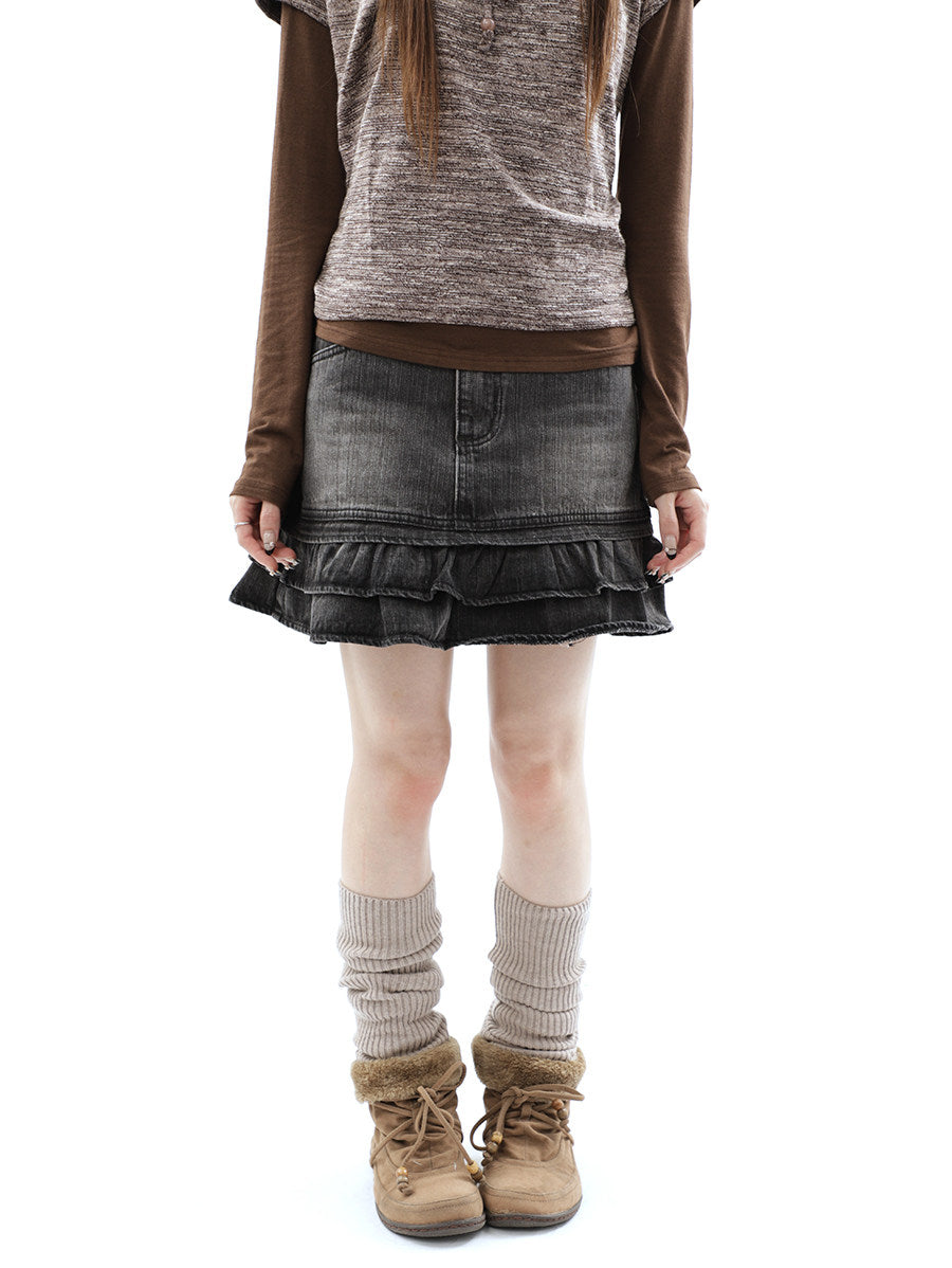 Washed Black Double-Ruffle Denim Mini Skirt
