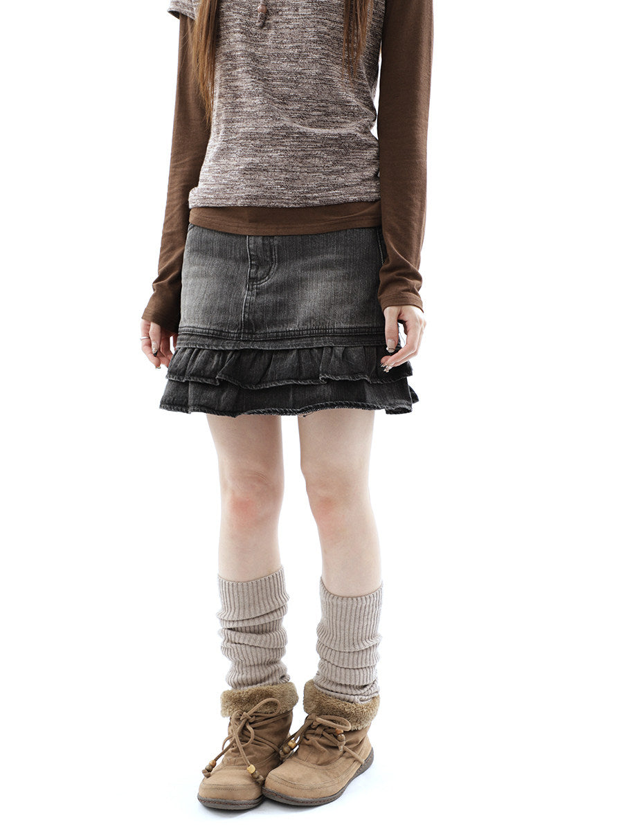 Washed Black Double-Ruffle Denim Mini Skirt
