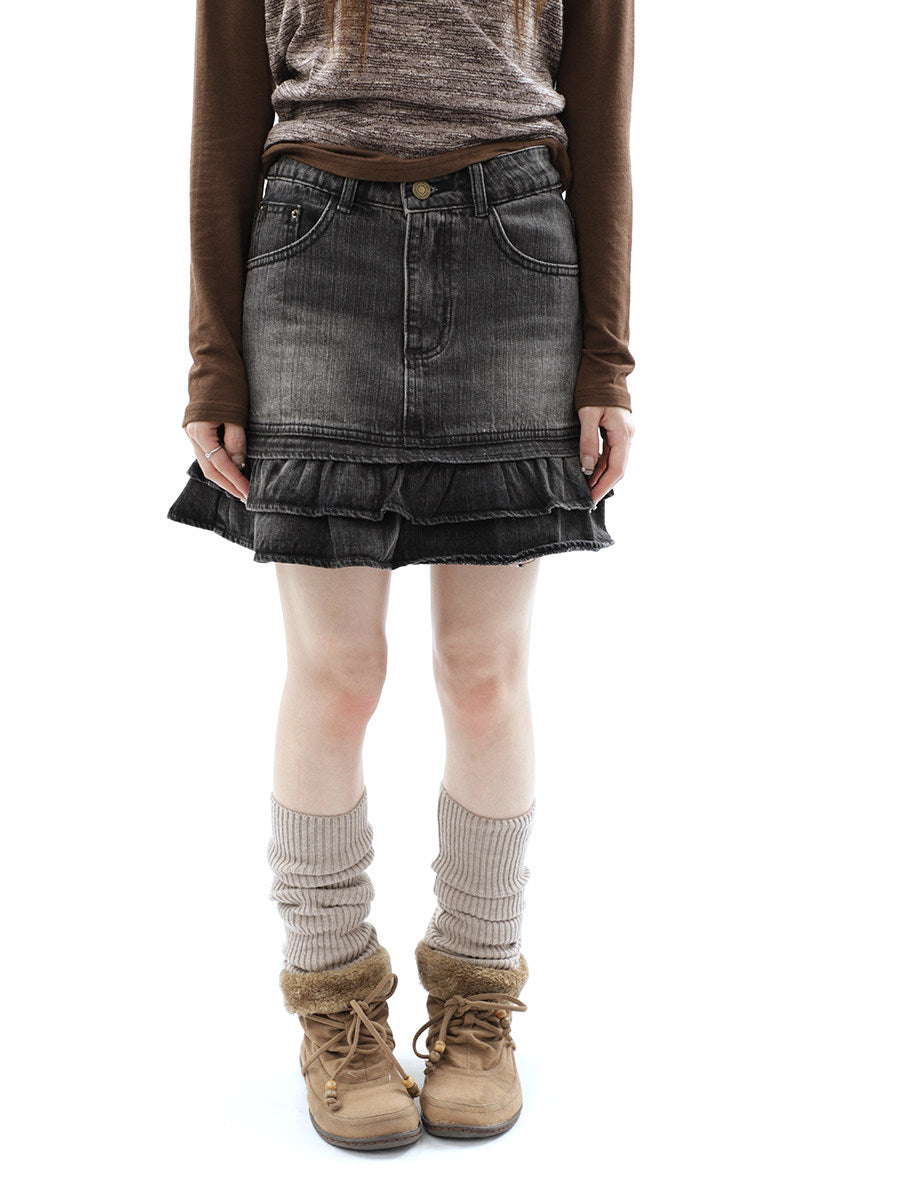 Washed Black Double-Ruffle Denim Mini Skirt