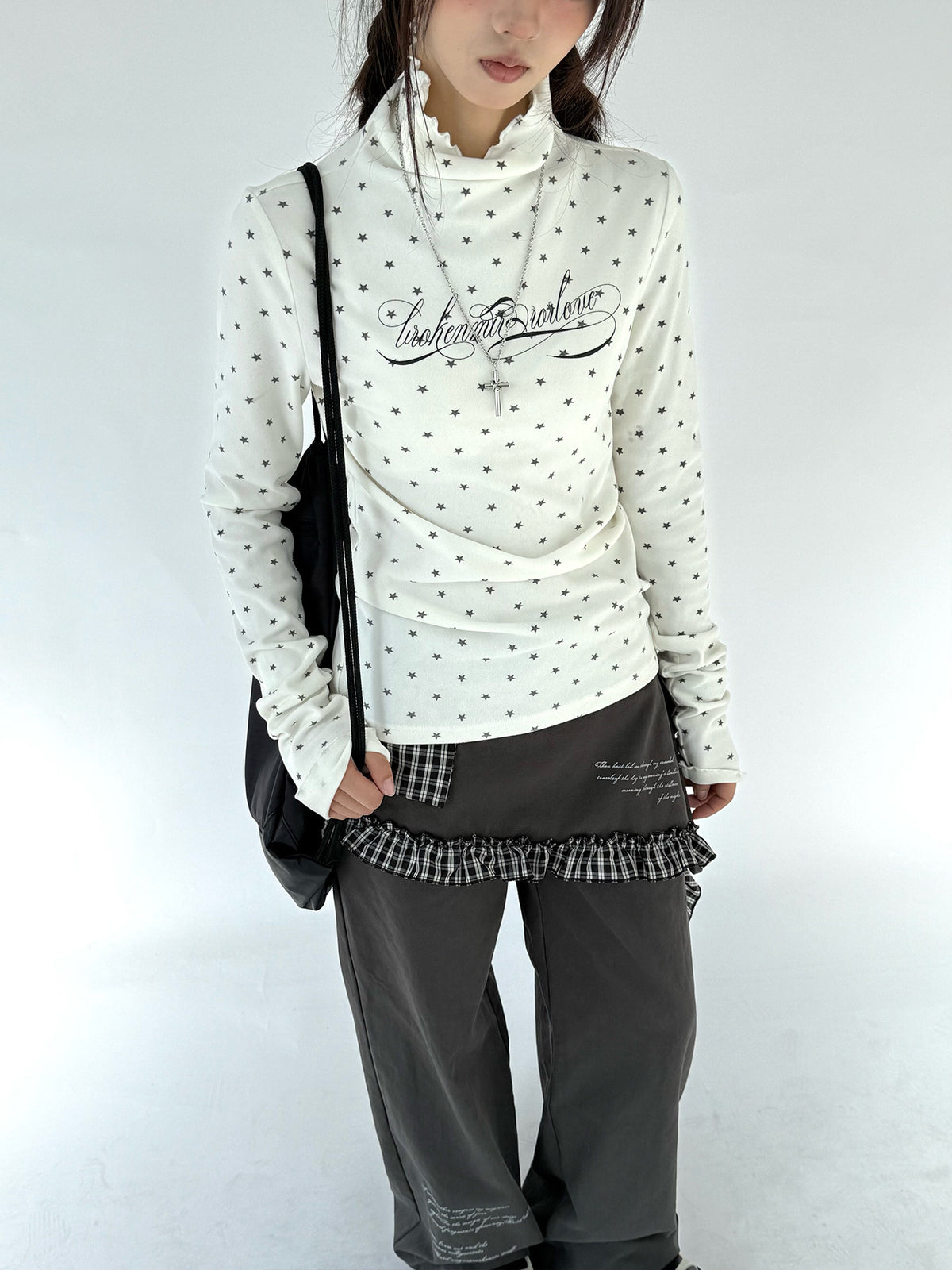 Star Print Mock Neck Thermal Long Sleeve Top