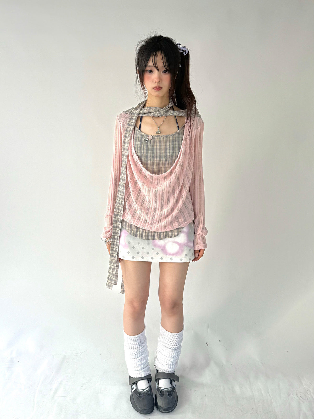 Plaid-Layered Cowl Long Sleeve Top