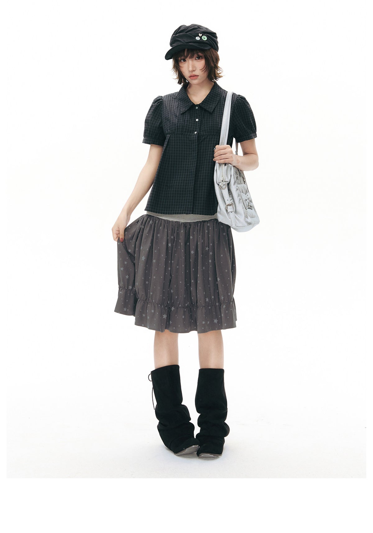 Star Print Striped-Waist Ruffle Midi Skirt