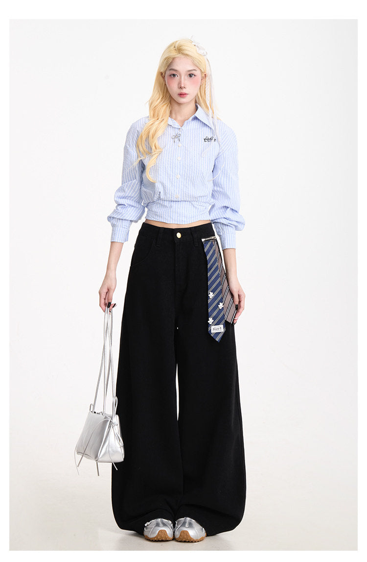 Curved-Leg Wide-Leg Pants with Detachable Tie