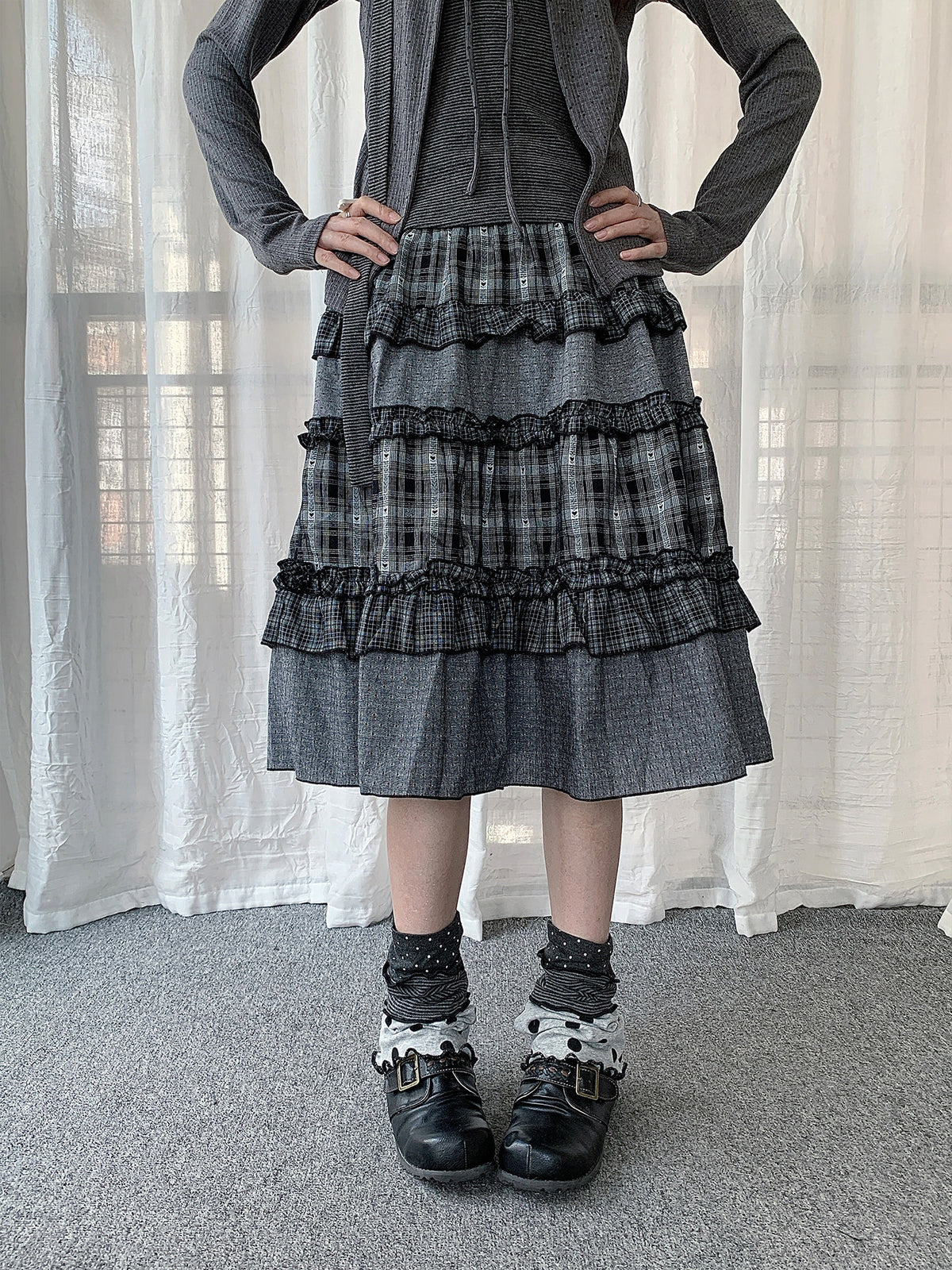 Plaid Ruffle Tiered Midi Skirt
