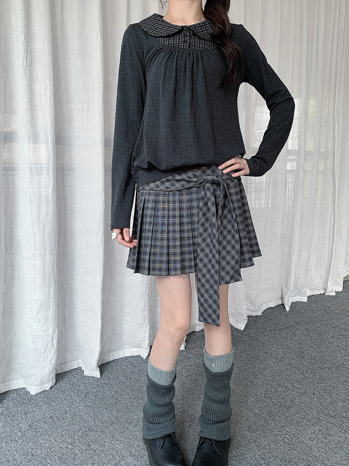 Wrap-Tie Plaid Pleated Mini Skirt
