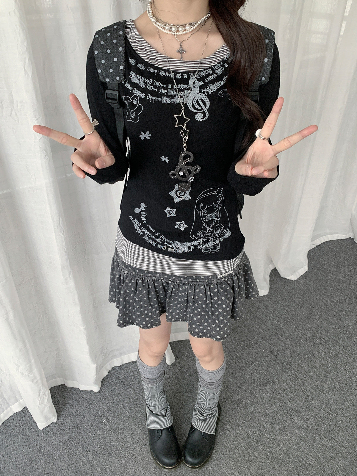 Vintage Graphic Layered Long Sleeve Top