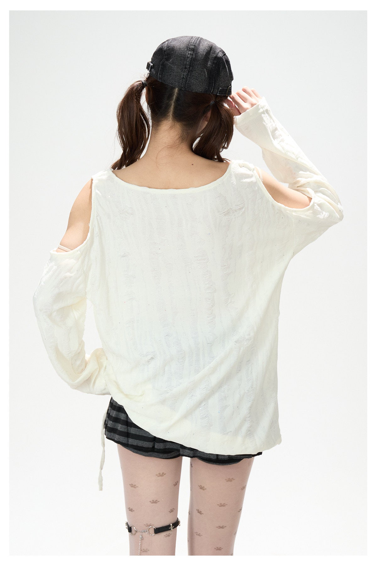 Distressed Cartoon Off-Shoulder Long Sleeve Top & Black Striped Mini Skirt