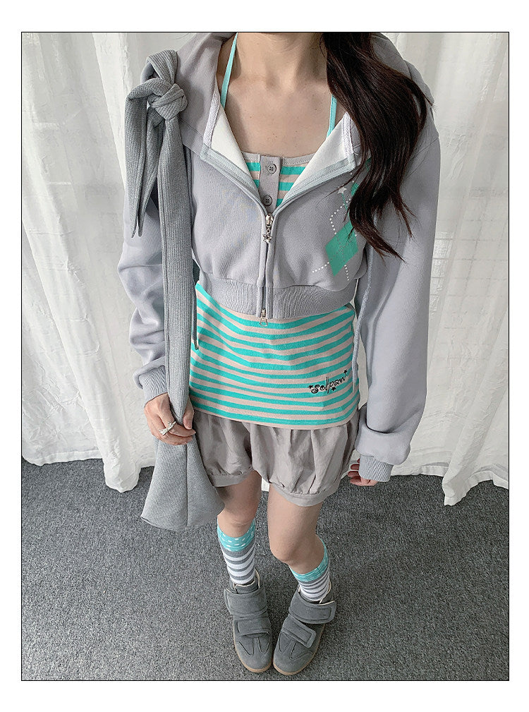 Striped Cami & Cropped Zip Hoodie Two-Piece Set