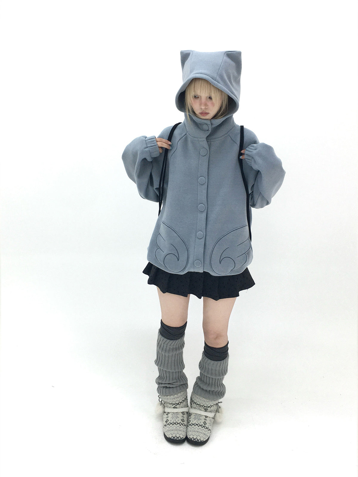 Dusty Blue & Ivory Fleece-Lined Cat Ear Wing Pocket Hooded Jacket