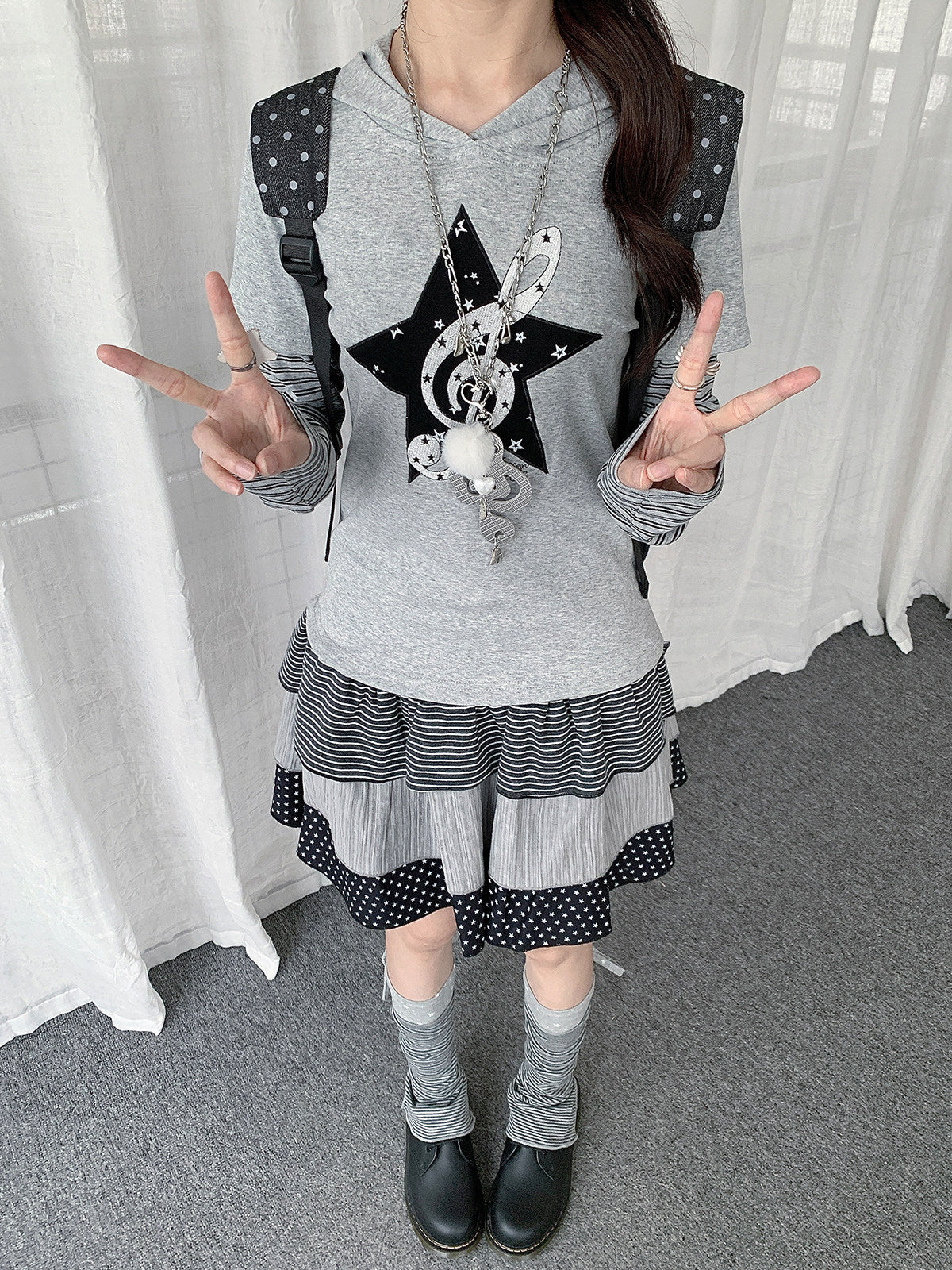 Star Music Note Layered Hooded Long Sleeve Top