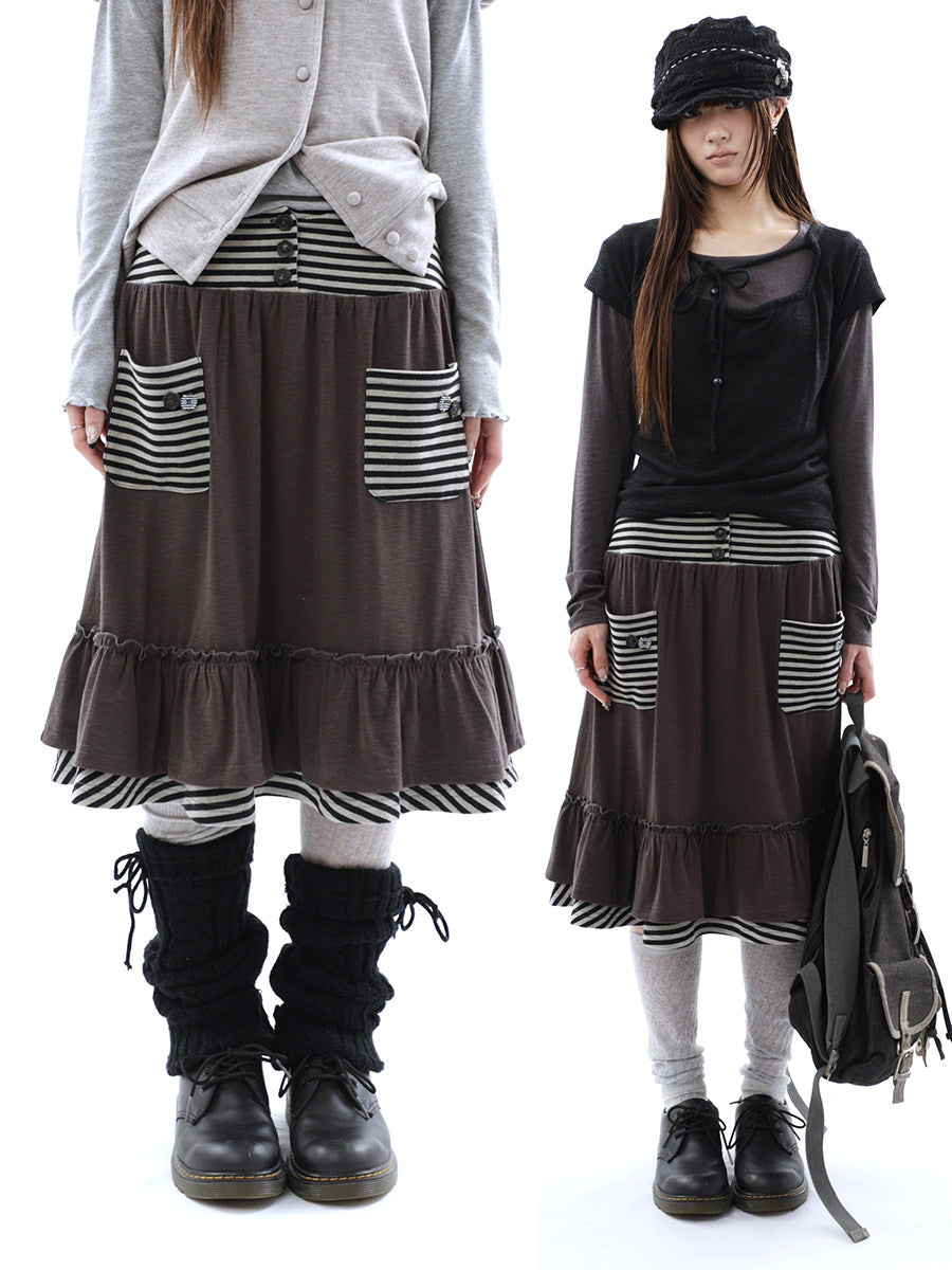 Striped Pocket Ruffle Layered Midi Skirt