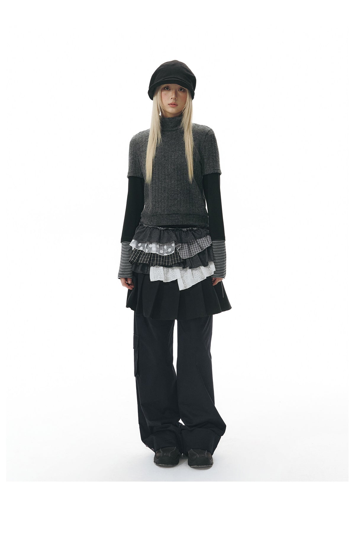 Pleated Skirt-Overlay Cargo Wide-Leg Pants